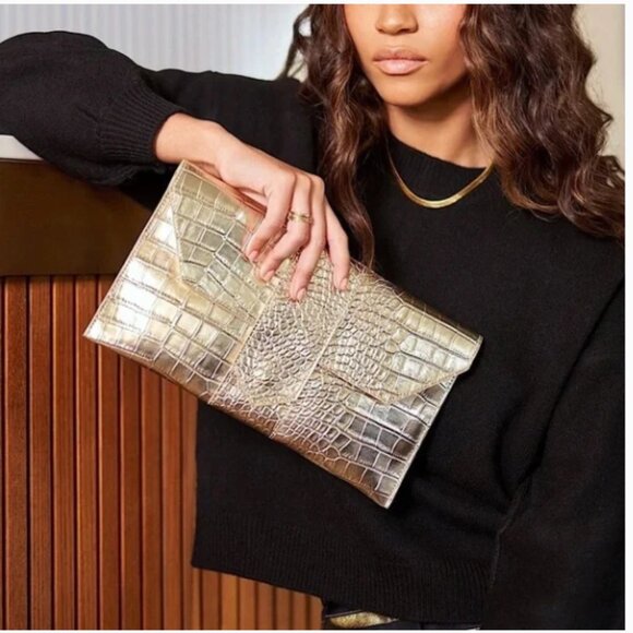 NWT JJ Winters Nikki Metallic Crocodile Clutch Vegan Leather - Picture 2 of 11